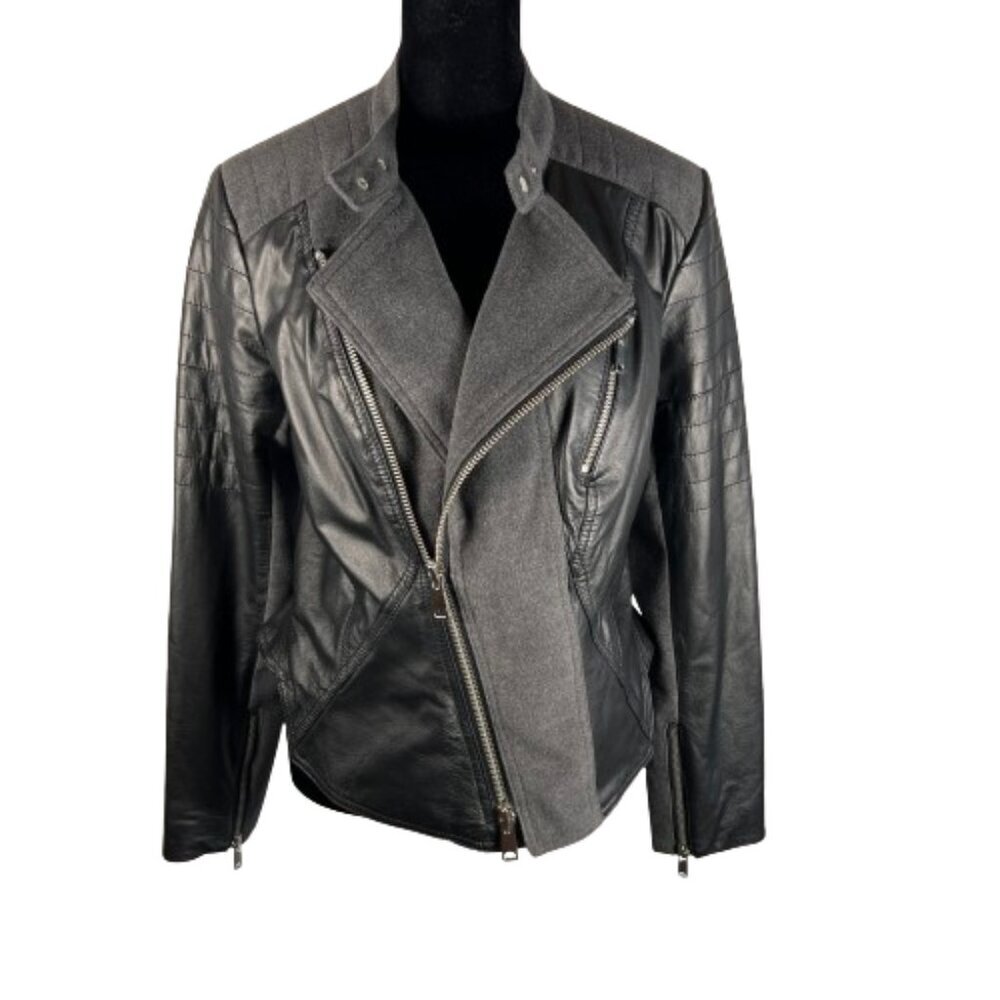 Gili Womens Genuine Leather Moto Jacket Size 4 Black Gray Mixed Media Edgy Urban